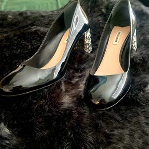 Authentic Miu Miu patent leather pumps with crystal embellishments